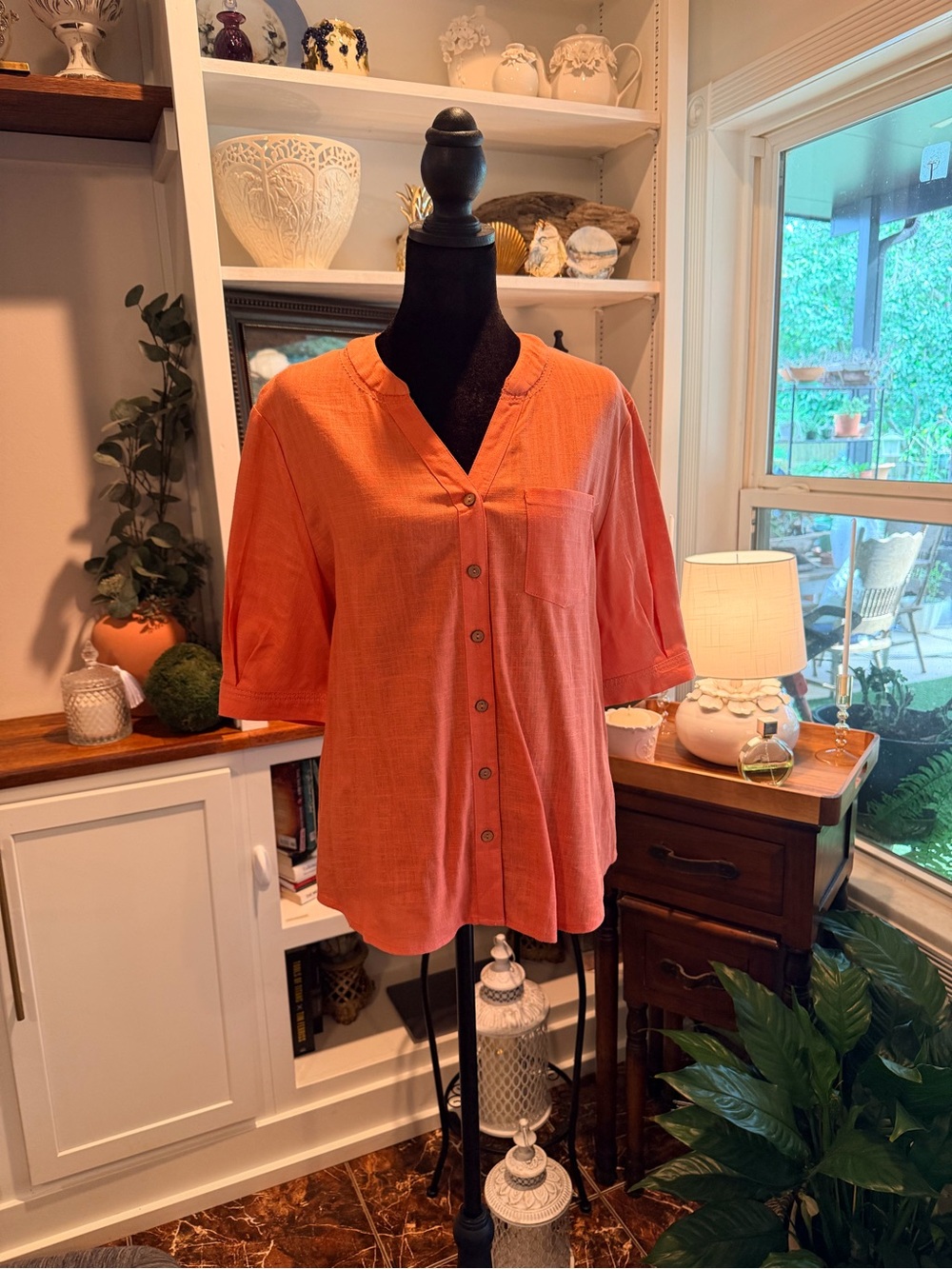 Cupio Coral Button-Front V-Neck Shirt
